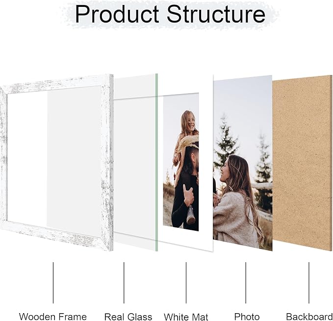 12x12 Picture Frame Set of 4, 12 x 12 Wood Photo Frames with Mat for 10x10 or 30x30cm Diamond Painting Art, Wooden Frame with Real Glass Cover for Wall and Tabletop Display,Distressed White-CasaMuseHome