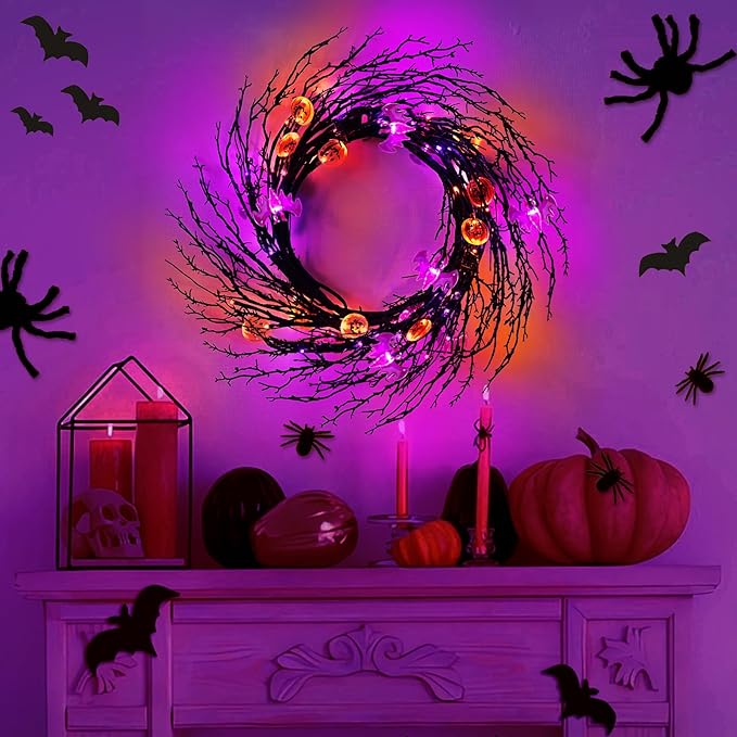 7 Ft 63 LED Halloween Willow Vine Twig Garland with 8 Modes Timer Orange Purple 21 Pumpkin Bats Lights,Halloween Garland with Waterproof Battery Operated for Indoor Wall Fireplace Decorations-CasaMuseHome