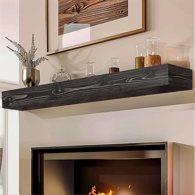 60x8x5 Fireplace Mantel - Handcrafted Hollow Rustic Solid Wood Wall Mounted Floating Shelf with Invisible Heavy Duty Wood Bracket (Weathered Black)-CasaMuseHome