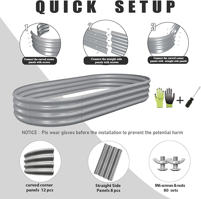 2 Pack 8x4x1FT Galvanized Raised Garden Bed Kit Oval Metal Ground Planter Box Outdoor Bottomless Planter Raised Beds for Vegetables Flowers Herbs Fruits, Gray-CasaMuseHome