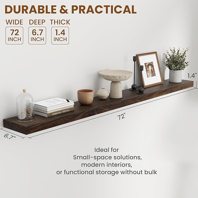 72" Floating Shelves for Wall, Rustic Elm Wood Floating Shelf for Home Decor, Wall-Mounted Display Shelves with Heavy-Duty Bracket, Long Floating Shelf for Bathroom, Kitchen, Living Room, Walnut Color-CasaMuseHome