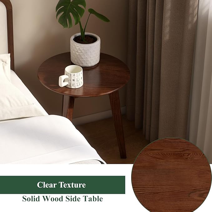 100% Solid Oak Round Side Table, Small Bedside Table for Small Spaces, Living Room End Table with Stable Frame, Modern Nightstand for Bedroom Couch, (Walnut, 17.71" D x 19.68" H)-CasaMuseHome