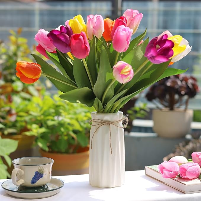 27pcs Colorful Artificial Flowers Tulips, Tulips with 1pc Plastic Vase, Fake Flowers Real Touch Flower 13.9", Christmas, Mother's Day, Easter, Valentine's Day, Family Kitchen, Wedding Decorations-CasaMuseHome