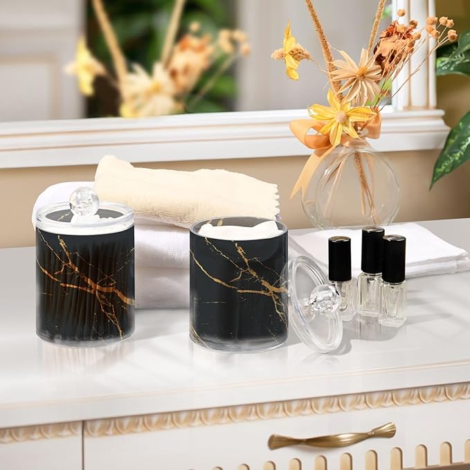 2 Pack Qtip Holder Organizer Dispenser Gold Black Marble Texture Bathroom Storage Canister Cotton Ball Holder Container for Cotton Pads/Swabs/Floss-CasaMuseHome