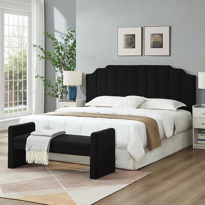 24KF Black Teddy Fabric Tufted King Upholstered Headboard, Modern Vertical Channel Design California King Headboard with Stepped Silhouette Top Edge,6026-K-Teddy Black-CasaMuseHome