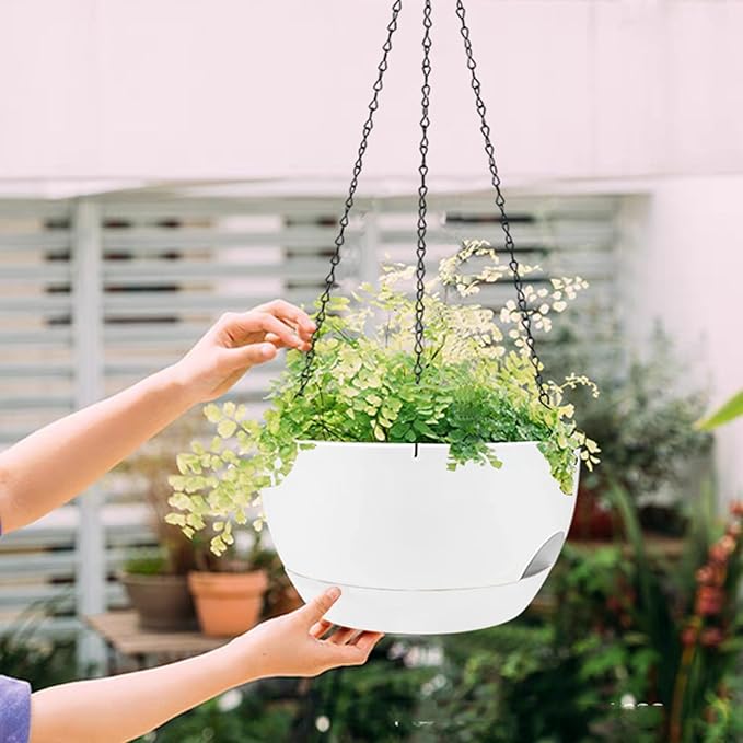2 Pack Hanging Planters for Indoor Outdoor Plants, 8 Inch Self Watering Hanging Pot with Drainage Holes and Saucer, Plastic Plant Pots, White Flower Pots for Kitchen, Balcony, Garden-CasaMuseHome