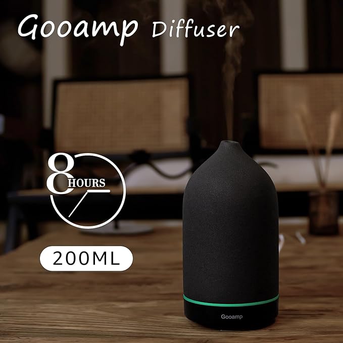 200ML Ceramic Essential Oil Diffuser - Ultrasonic Aromatherapy & Humidifier with 7-Color LED Lights, Auto Shut-Off, Black, 1H/3H/6H Timer | Scent for Home, Office, Yoga-CasaMuseHome