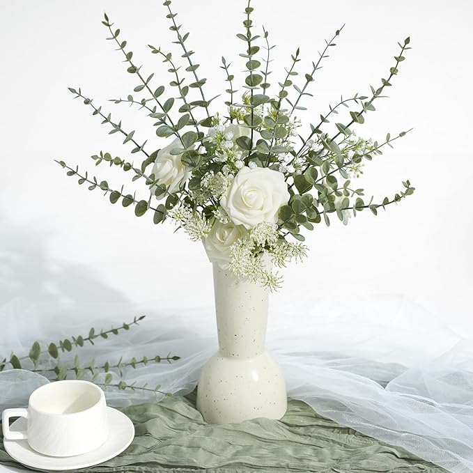 24Pcs Faux Eucalyptus Stems, 15" Artificial Eucalyptus Plants with White Frosted Coating, Fake Eucalyptus Decor Plastic Greenery Leaves for Wedding Bouquets Home Decor DIY Floral Arrangements-CasaMuseHome