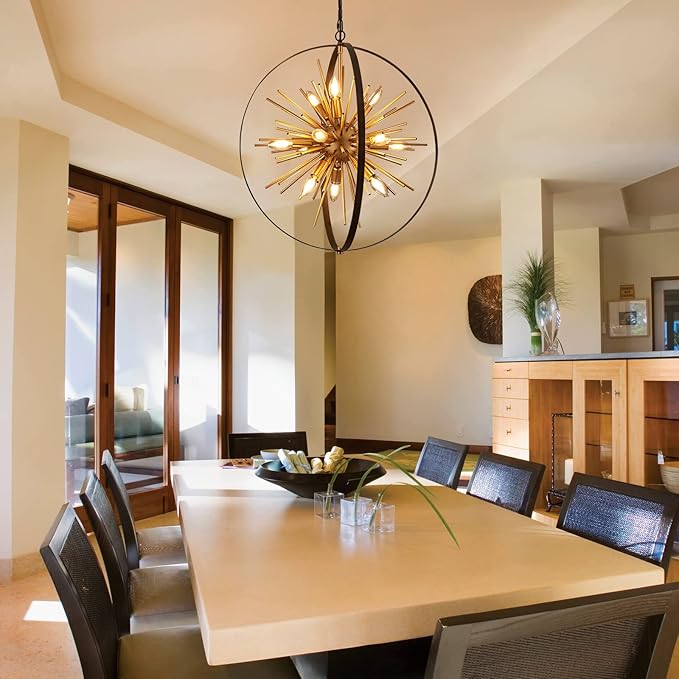 23.2'' Black Gold 12-Light Globe Sputnik Chandelier Modern Industrial Adjustable Hanging Ceiling Firework Pendant Light Fixture for Entryway Foyer Bedroom Dining Living Room Hallway-CasaMuseHome