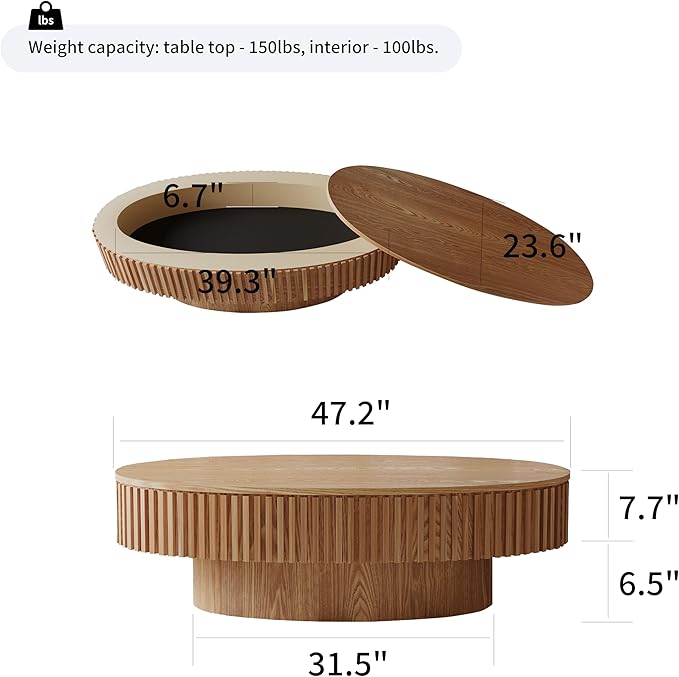 47.2''Oval Coffee Table with Storage, Mid Century Modern Drum Center Tables with Lid Fluted Solid Wood Side Coffee Table Pedestal Tea Table for Living Room, Bedroom, Apartmen-Natural-CasaMuseHome