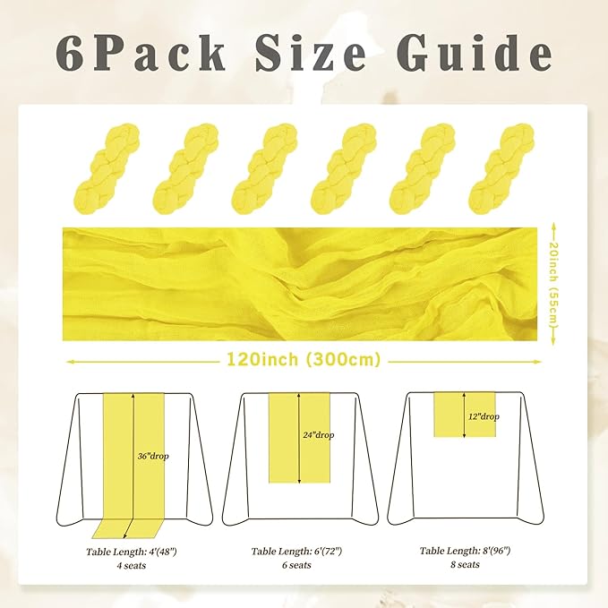6 Pack Yellow Cheesecloth Table Runner 20 x 120 Inch Long Rustic Gauze Cheese Cloth Table Runner for Wedding 10FT Bridal Baby Shower Table Decorations Boho Fabric Sheer Birthday Party Table Decor-CasaMuseHome