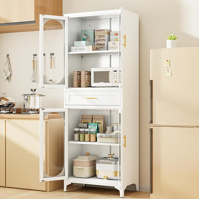 75” Tall Kitchen Pantry Storage Cabinet, Metal Storage Cabinet with 1 Drawer and Adjustable Shelves, Kitchen Pantry Cupboard, Freestanding Cupboard for Bathroom (White-4 Doors and 1 Drawer)-CasaMuseHome