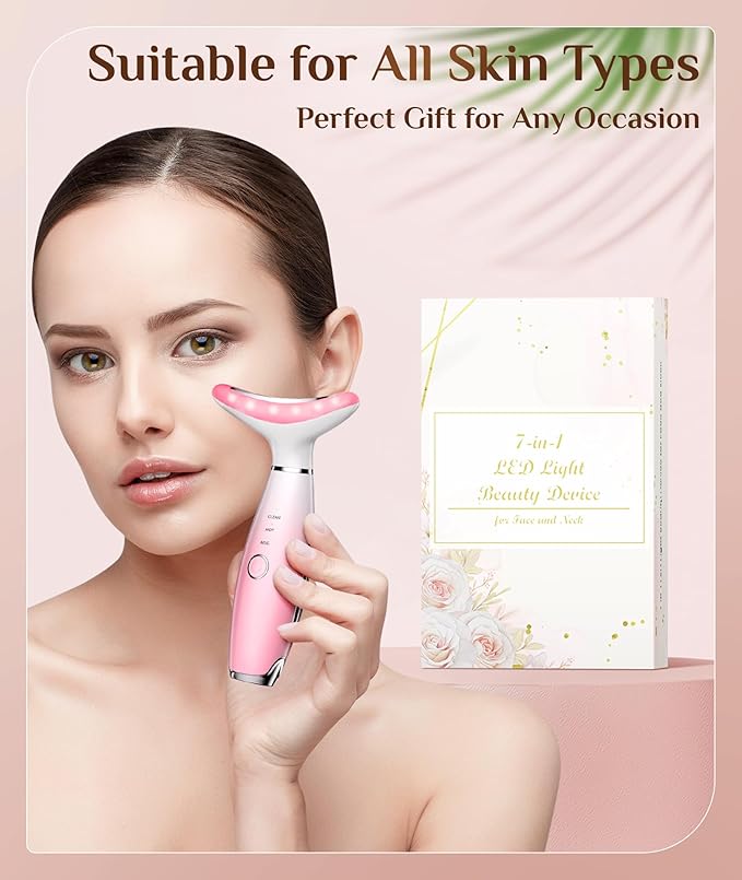 7 Color Galvanic Machines - Red Light Therapy for Face and Neck, Face Massager Tool for Wrinkles, Double Chin, Vibrating Facial Massager with Thermals, Pink-CasaMuseHome