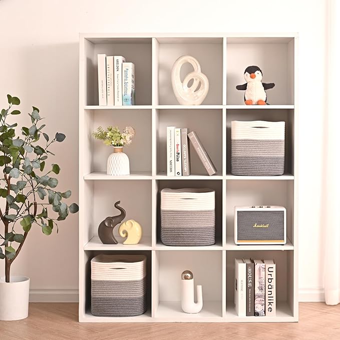 11 Inch Cube Storage Bins, Storage Cube Organizer Bins, Woven Cotton Rope Basket for Storage, Storage Baskets for Organizing Shelves, Grey Baskets for Toys, Gradient Grey (Pack of 3)-CasaMuseHome