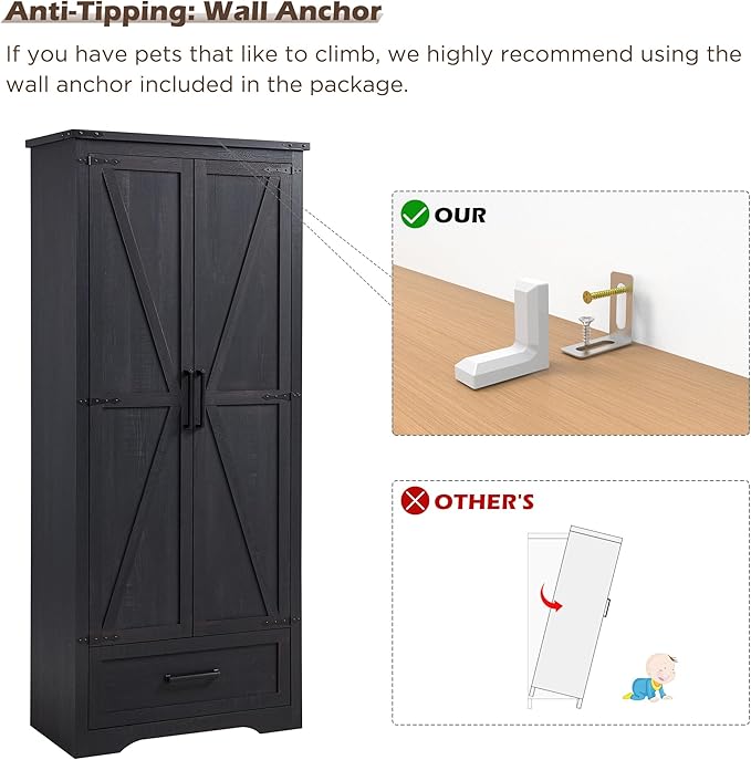 72" Tall Wood Storage Cabinet, Farmhouse Kitchen Pantry Cabinet with Adjustable Shelves & Drawer & Barn Doors, Versatile Storage for Kitchen, Dining Room, Bathroom, Black-CasaMuseHome