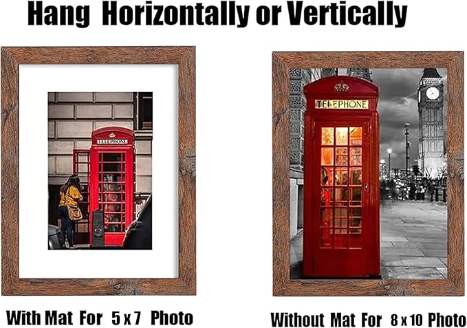 8x10 Picture Frame Set of 6, Display Pictures 5x7 with Mat or 8x10 Without Mat for Wall Mounting, Rustic Brown-CasaMuseHome