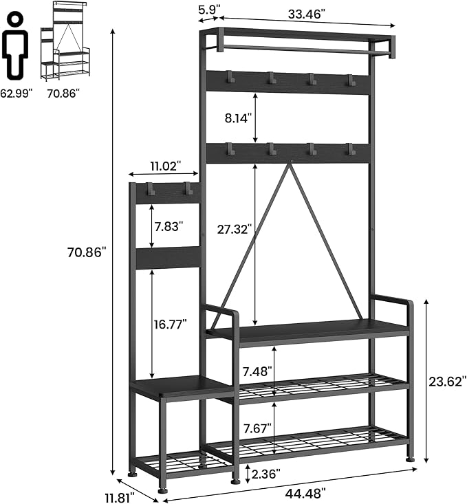 IDEALHOUSE Parent-Child Coat Rack Shoe Bench Hall Tree with Bench and Shoe Storage Industrial Coat Tree Entryway Large Organizer with Shoe Rack, Storage Cubbies, Hooks, and Top Shelf-CasaMuseHome