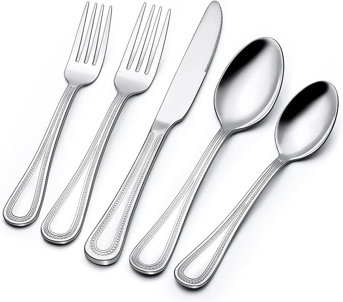 40 Piece Silverware Set for 8, Terlulu Stainless Steel Flatware Set, Mirror Polished Cutlery Set Utensil Set, Tableware Include Forks Spoons Knives for Home Restaurant, Beaded Handle, Dishwasher Safe-CasaMuseHome