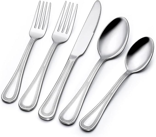 40 Piece Silverware Set for 8, Terlulu Stainless Steel Flatware Set, Mirror Polished Cutlery Set Utensil Set, Tableware Include Forks Spoons Knives for Home Restaurant, Beaded Handle, Dishwasher Safe-CasaMuseHome
