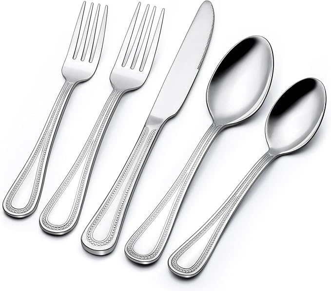 60-Piece Silverware Set for 12, Stainless Steel Flatware, Mirror Polished Cutlery Set, Utensils Include Spoons, Forks, Knives for Home, Restaurant, Beaded Handle, Dishwasher Safe-CasaMuseHome