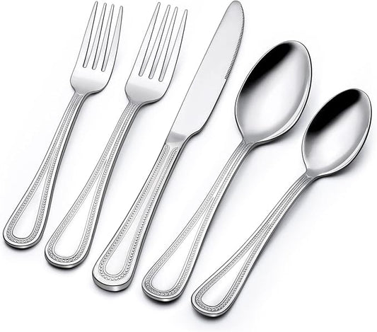 60-Piece Silverware Set for 12, Stainless Steel Flatware, Mirror Polished Cutlery Set, Utensils Include Spoons, Forks, Knives for Home, Restaurant, Beaded Handle, Dishwasher Safe-CasaMuseHome