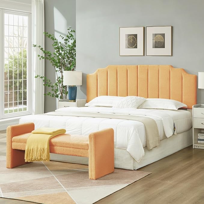 24KF Yellow Teddy Fabric Tufted King Upholstered Headboard, Modern Vertical Channel Design California King Headboard with Stepped Silhouette Top Edge,6026-K-Teddy Yellow-CasaMuseHome