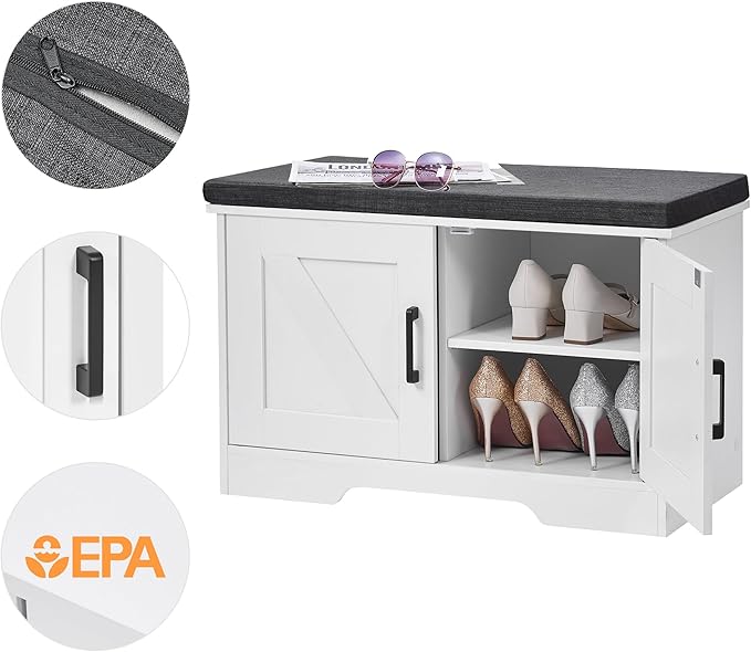 2-Tier Storage Bench, Shoe Bench with Padded Seat Cushion, Entryway Bench with 2 Barn Doors, Adjustable Shelf, 13.8" D x 27.6" W x 17.7" H, for Entryway, Living Room, Bedroom, White-CasaMuseHome