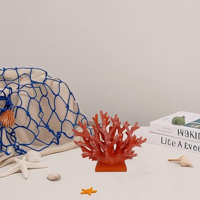 5.8" H Red Orange Coral Decor - Resin Coral Statue, Nautical Decor for Home, Bedroom, Bathroom, Living Room, Ocean Themed Cabinet Shelf Tabletop Decoration-CasaMuseHome