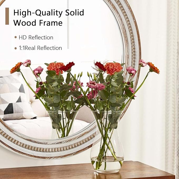 24 Inch Round Mirror - Distressed Vintage Farmhouse Mirror for Bathroom Wall, Living Room, Bedroom & Entryway, Handmade Wood Frame-CasaMuseHome