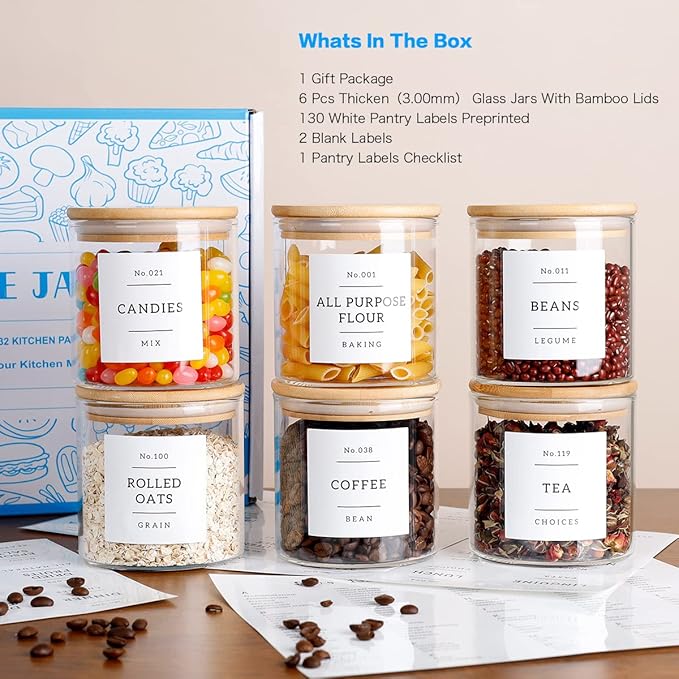 20 OZ Glass Food Storage Jars with 132 Pantry Labels Preprinted - 6 Pcs Thicken Glass Storage Containers with Airtight Bamboo Lid - Clear Kitchen Canister for Spice, Tea, Coffee, Sugar, Cookie, Candy-CasaMuseHome
