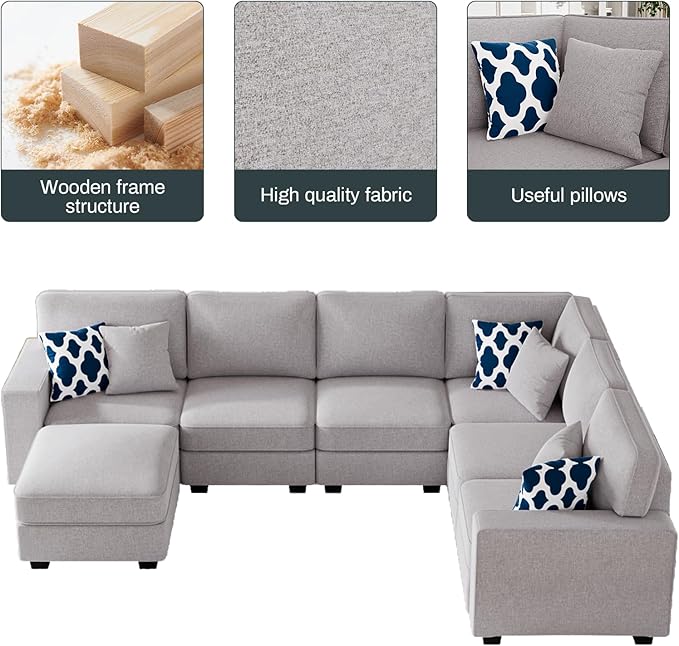 L Lengend Vansen Modular Sectional Sofa U Shaped Couch with Ottoman Modern Reversible Corner Sectional Couch for Living Room (Light Grey, U Shaped Sofa-2)-CasaMuseHome