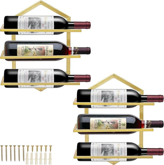 2Pcs Wall Mounted Wine Stemware Rack, Metal Hanging Wine Glass Display Holde Holds 3 Bottles, Elegant Storage for Kitchen Dining Room Bar Wine Cellar (Gold)-CasaMuseHome