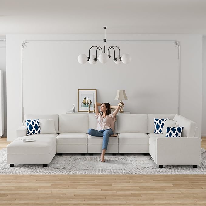 L Lengend Vansen Modular Sectional Sofa U Shaped Couch with Ottoman Modern Reversible Corner Sectional Couch for Living Room (Cream, U Shaped Sofa-5)-CasaMuseHome