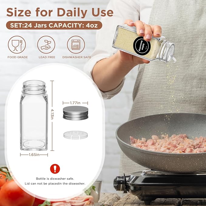 4 Pack Magnetic Spice Rack with 24 Spice Jars, Spice Labels, Chalk Marker and Funnel Set, Magnetic Spice Organizer Shelf for Refrigerator, Microwave, Seasoning Organizer for Kitchen-CasaMuseHome