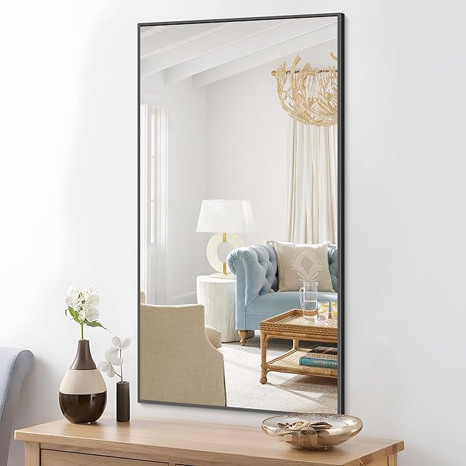 48x24In Black Bathroom Mirror for Wall, Rectangle Mirrors with Metal Frame, Bathroom Rectangular Mirror Modern Wall Mirror for Bedroom Living Room, Entryway Hangs Horizontal or Vertical-CasaMuseHome
