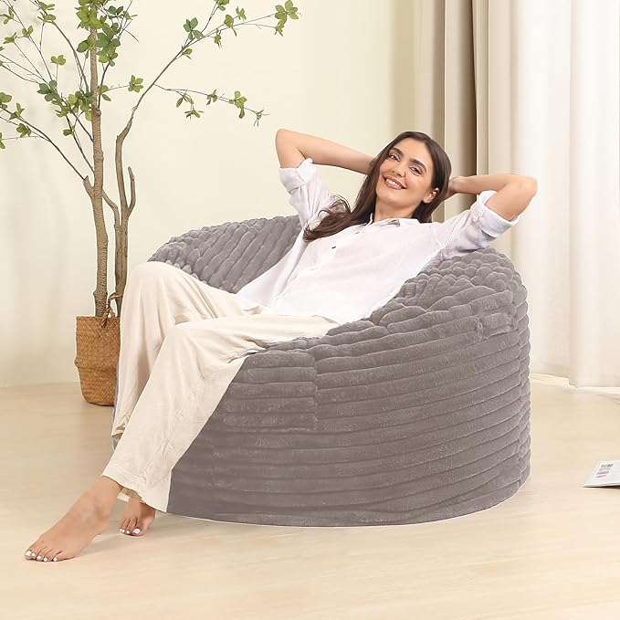 3FT Memory Foam Bean Bag Chair for Adults/Teens, Bean Bag Sofa with Fluffy Removable Cover, for Living Room Bedroom, Grey-CasaMuseHome