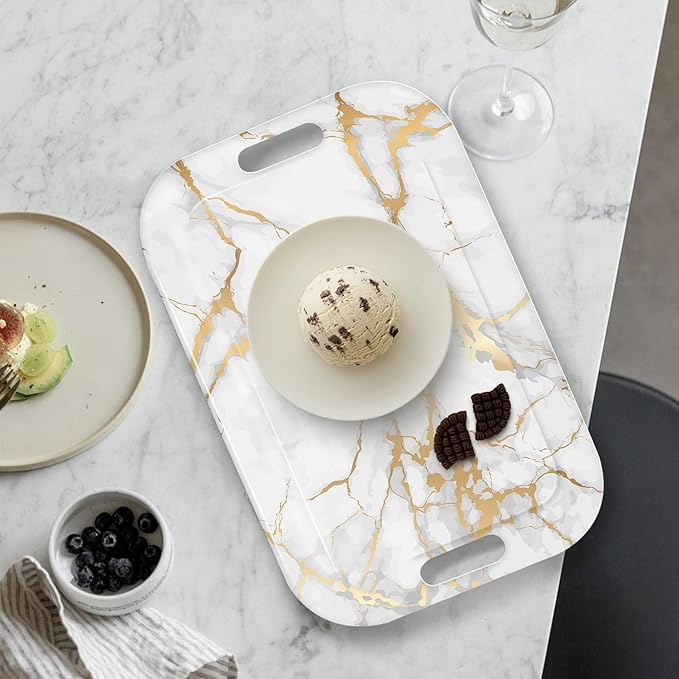 Serving Trays with Handles, 14.5 x 9.8 inch Rectangular Plastic Tray for Restaurant, Kitchen, Golden White Marble-CasaMuseHome
