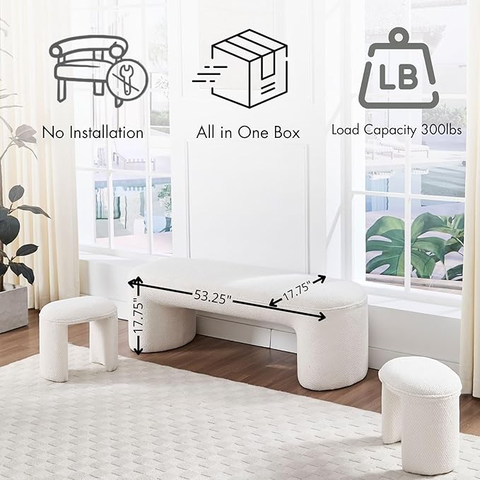 3-Piece 53" Comfy Upholstered Dining Bench with 2 Ottomans, Accent Waterfall Bench Modern End of Bed Entryway Bench Vanity Stool, White Chenille-CasaMuseHome