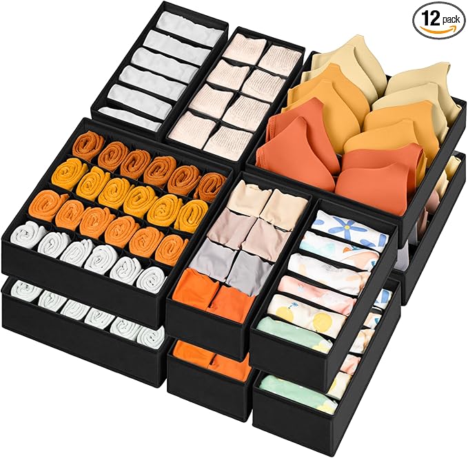 12 Pack Drawer Organizers, 116 Compartments Fabric Foldable Dresser Drawer Organizers for Clothing, Closet Organizers and Storage Bins for Clothes, Christmas Ornament Storage Boxes with Dividers-CasaMuseHome