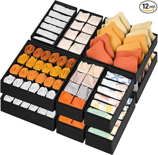12 Pack Drawer Organizers, 116 Compartments Fabric Foldable Dresser Drawer Organizers for Clothing, Closet Organizers and Storage Bins for Clothes, Christmas Ornament Storage Boxes with Dividers-CasaMuseHome