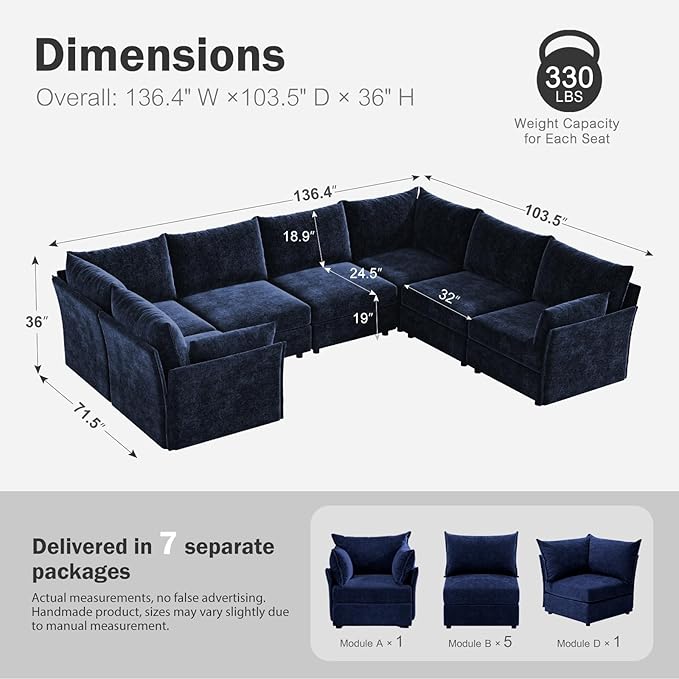 136.4" Oversized Modular Sectional Sofa, U Shaped Convertible Couch with Movable Ottoman, Large 7 Seat Corner Couches for Living Room Deep Seat Blue Chenille-CasaMuseHome