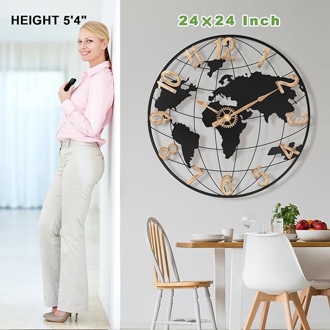 24 Inch Large Wall Clock for Living Room Decor,Big Modern Decorative Silent Metal World Map Wall Clock with Vintage Gold Arabic Numeral for Office,Living Room,Kitchen,Dining Room-CasaMuseHome