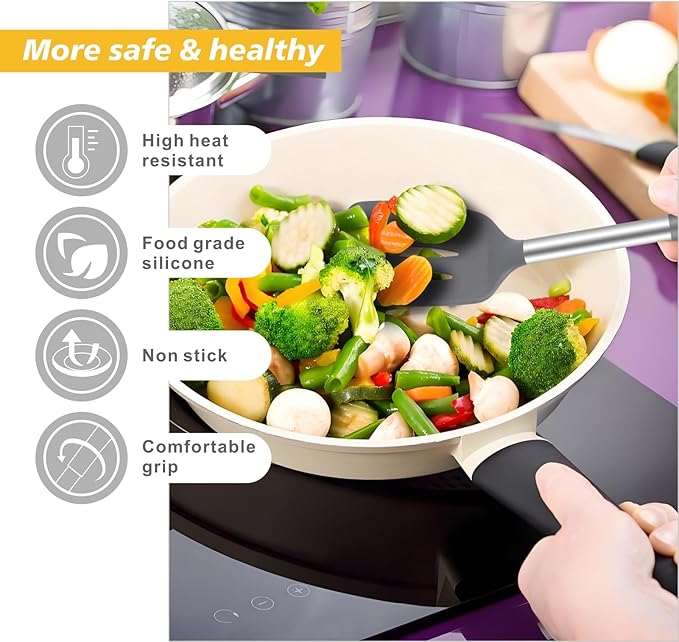 5-Piece Silicone Kitchen Tool Set, BPA-Free, Heat-Resistant, Non-Stick & Dishwasher-Safe, with Slotted/Solid Spoons & Spatulas for Frying, Mixing, Draining – Includes Multi-Purpose Serving Hook(Gray)-CasaMuseHome