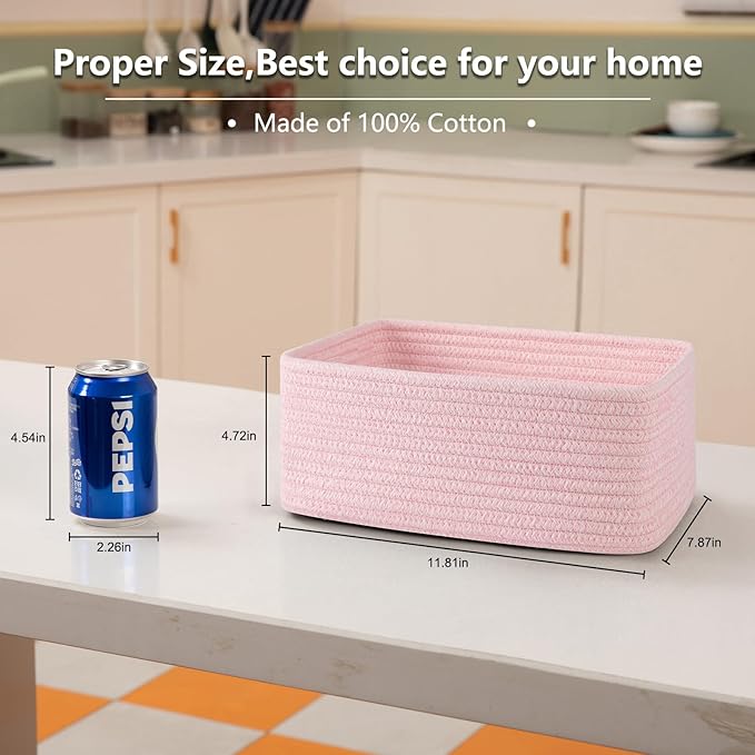4 Pack Small Storage Shelf Baskets for Organizing, Mini Woven Rope Storage Bins for Towels, Cute Decorative Closet Organizer，Baby Nursery, Gift Empty Baskets -11.81''Lx7.87''Wx4.72''H-Pink-CasaMuseHome
