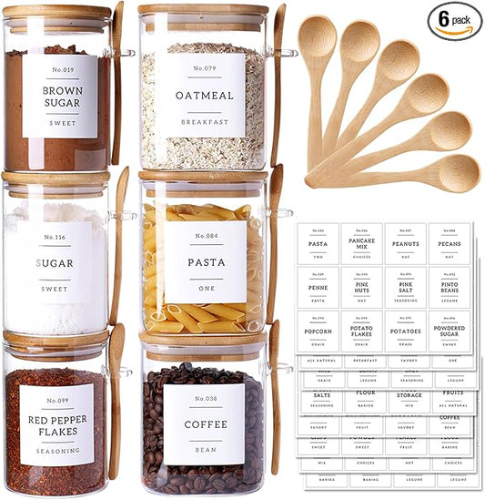 6 Pack Glass Jars with Bamboo Lid and Spoons - 17Oz/27Oz Borosilicate Glass Jars with 132 Pantry Labels - for Coffee Beans, Tea, Sugar & More-CasaMuseHome
