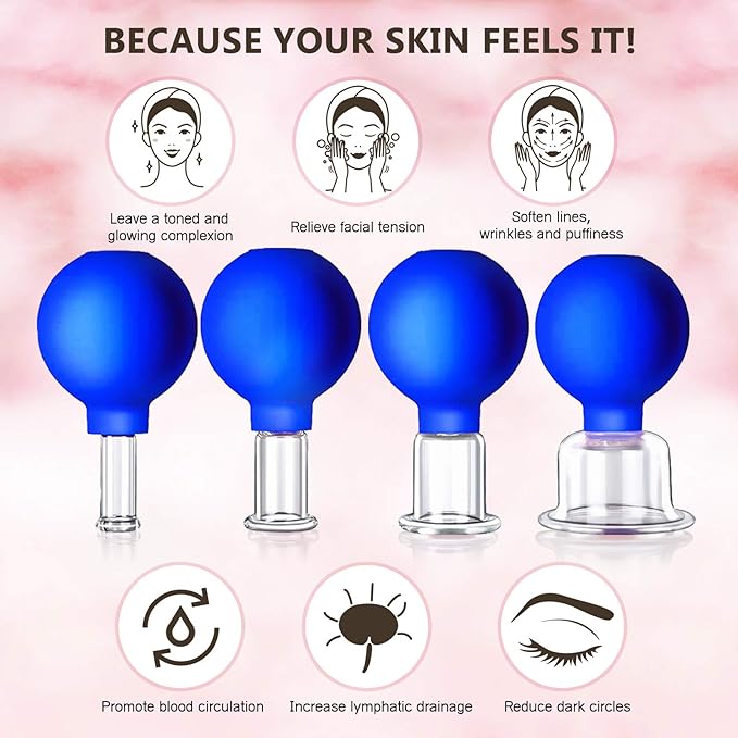 4 Size Facial Cupping Therapy Set Glass, Eye Face Vacuum Massage Anti Cellulite Cup - Silicone Cupping Massage Therapy, for Beauty Body Cup Fascia Massager(Softcover-Blue)-CasaMuseHome