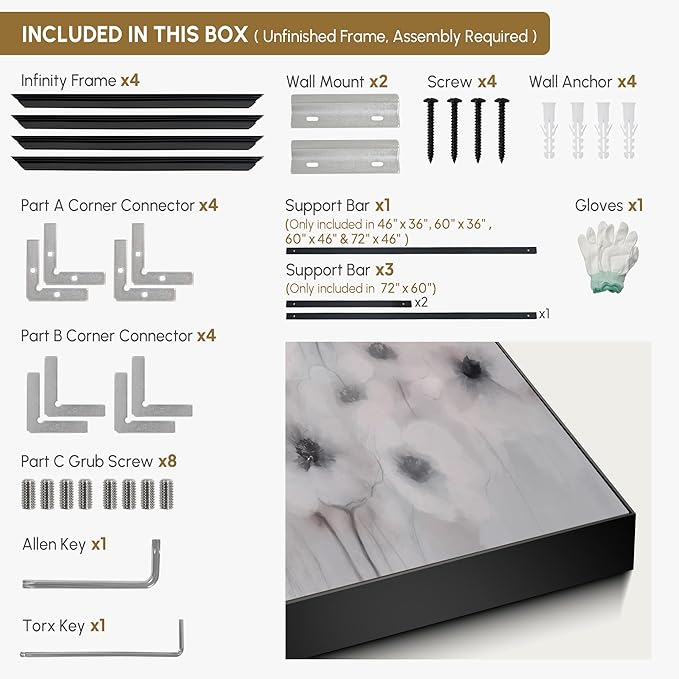 46"x72" Extra Large Framed Wall Art Soft White Poppies Watercolor Floral, Delicate Botanical for Home Living Room Bedroom Decor (Frame Assembly Required)-CasaMuseHome