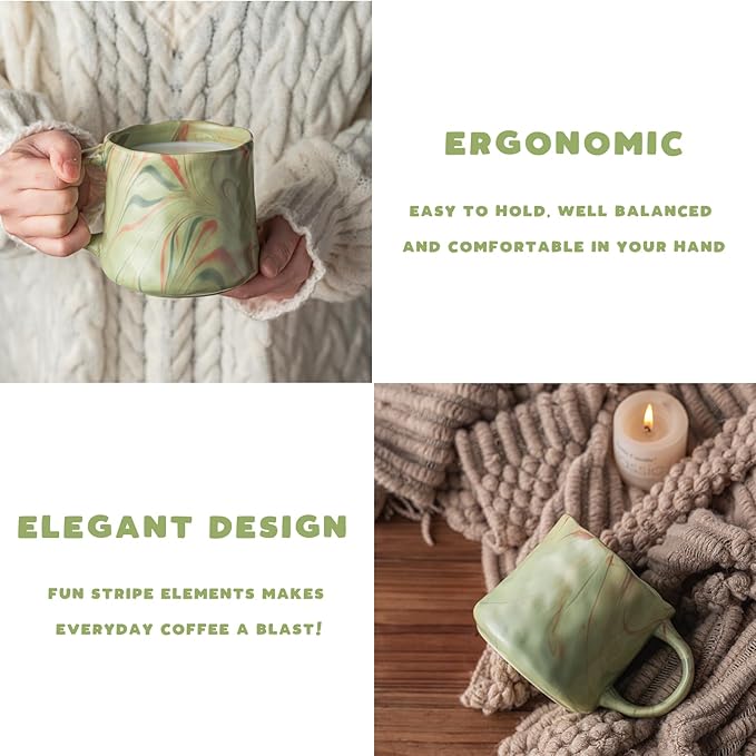 Abstract Art Ceramic Coffee Mugs Set - 2 Pack, Mint Green with Red and White Accents, Handcrafted Design for Modern Kitchen or Office-CasaMuseHome