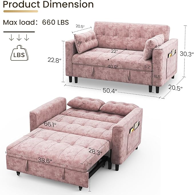 3 in 1 Convertible Sleeper Sofa Bed, Pull Out Couch Bed with Adjustable Backrest, Chenille Loveseat Couches with Side Pocket for Living Room, Bedroom (Pink)-CasaMuseHome