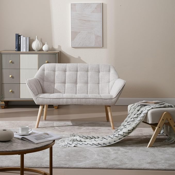 48" Small Loveseat Sofa, Modern Linen Fabric Mini Sofa Couch 2-Seater Love Seat with Quilting Backs and Wood Legs for Living Room, Bedroom and Small Space, Beige-CasaMuseHome